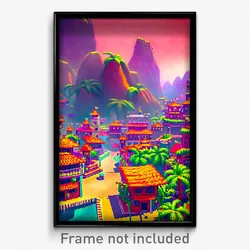 Pixel Art Poster - Wiggly Exotic Town (8 Bit Psychedelic Video Game Print)