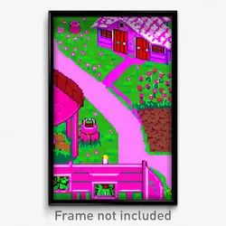 Pixel Art Poster - Pink Farmstead (8 Bit Psychedelic Trippy Video Game Print)