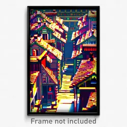 Pixel Art Poster - Elaborate Rooftops (8 Bit Psychedelic Video Game Print)