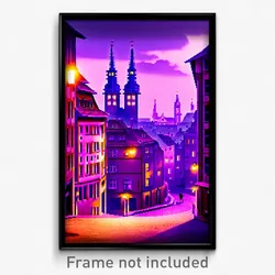 Pixel Art Poster - Purple European City (8 Bit Psychedelic Video Game Print)