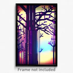 Pixel Art Poster - Digital Wire Frame Trees (8 Bit Psychedelic Video Game Print)