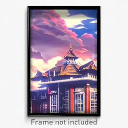 Pixel Art Poster - Cloudy Anime Architecture (8 Bit Video Game Print)