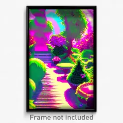 Pixel Art Poster - Glitch Art Garden (8 Bit Psychedelic Trippy Video Game Print)