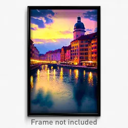 Pixel Art Poster - Watery European City (8 Bit Psychedelic Video Game Print)