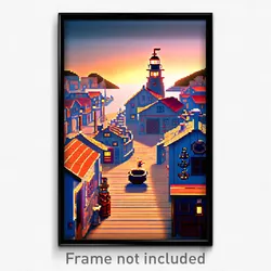Pixel Art Poster - Nautical Town (8 Bit Psychedelic Trippy Video Game Print)