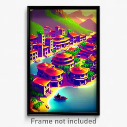 Pixel Art Poster - Adventurous Exotic Town (8 Bit Psychedelic Video Game Print)