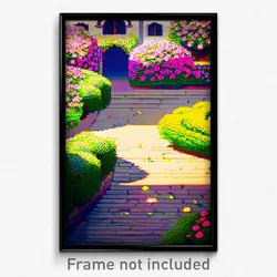 Pixel Art Poster - Flowery Courtyard (8 Bit Psychedelic Trippy Video Game Print)