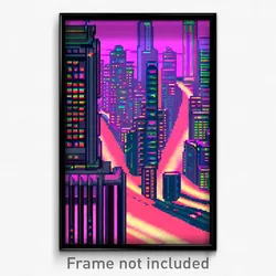Pixel Art Poster - Virtual City (8 Bit Psychedelic Trippy Video Game Print)