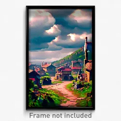 Pixel Art Poster - Cloudy Settlement (8 Bit Psychedelic Trippy Video Game Print)