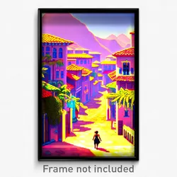 Pixel Art Poster - Sunny Exotic Town (8 Bit Psychedelic Trippy Video Game Print)
