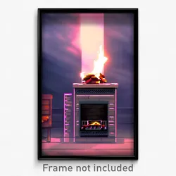 Pixel Art Poster - Gloomy Fireplace (8 Bit Psychedelic Trippy Video Game Print)