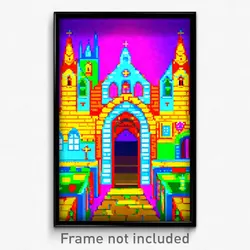 Pixel Art Poster - Colorful Abbey (8 Bit Psychedelic Trippy Video Game Print)