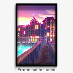 Pixel Art Poster - Watery Anime Architecture (8 Bit Video Game Print)