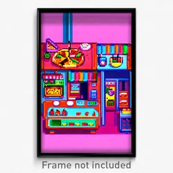 Pixel Art Poster - Vibrant Pizza Shop (8 Bit Psychedelic Video Game Print)
