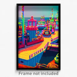 Pixel Art Poster - Colorful Shipyard (8 Bit Psychedelic Trippy Video Game Print)