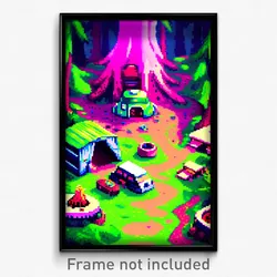 Pixel Art Poster - Slimy Campsite (8 Bit Psychedelic Trippy Video Game Print)