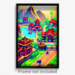 Pixel Art Poster - Shiny Exotic Town (8 Bit Psychedelic Trippy Video Game Print)