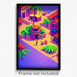 Pixel Art Poster - Novel Exotic Town (8 Bit Psychedelic Trippy Video Game Print)