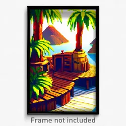 Pixel Art Poster - Wooden Exotic Island (8 Bit Psychedelic Video Game Print)