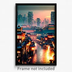 Pixel Art Poster - Metallic Chinese City (8 Bit Psychedelic Video Game Print)
