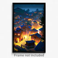 Pixel Art Poster - Nocturnal Village (8 Bit Psychedelic Trippy Video Game Print)