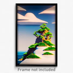 Pixel Art Poster - White Exotic Island (8 Bit Psychedelic Video Game Print)