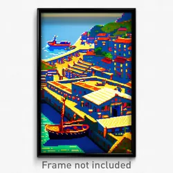 Pixel Art Poster - Detailed Harbour (8 Bit Psychedelic Trippy Video Game Print)