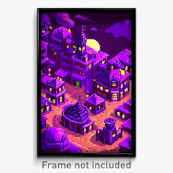 Pixel Art Poster - Purple Exotic Town (8 Bit Psychedelic Video Game Print)
