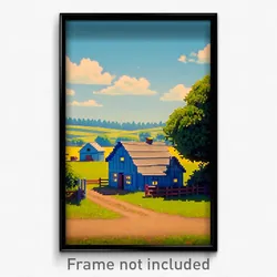 Pixel Art Poster - Sky Blue Farmstead (8 Bit Psychedelic Video Game Print)