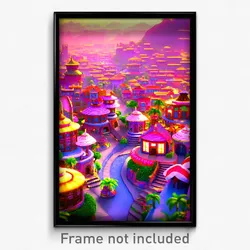 Pixel Art Poster - Plush Exotic Town (8 Bit Psychedelic Trippy Video Game Print)