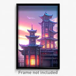 Pixel Art Poster - Flying Anime Architecture (8 Bit Video Game Print)