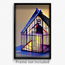 Pixel Art Poster - Complex Wire Frame Cottage (8 Bit Video Game Print)