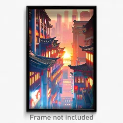 Pixel Art Poster - Tan Chinese City (8 Bit Psychedelic Trippy Video Game Print)