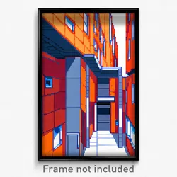 Pixel Art Poster - Orange Modern Architecture (8 Bit Video Game Print)