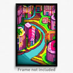 Pixel Art Poster - Striped Exotic Town (8 Bit Psychedelic Video Game Print)