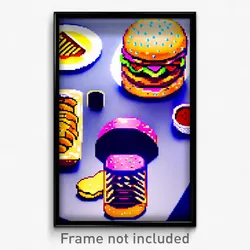 Pixel Art Poster - Upbeat Hamburger (8 Bit Psychedelic Trippy Video Game Print)