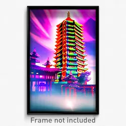 Pixel Art Poster - Colorful Pagoda (8 Bit Psychedelic Trippy Video Game Print)