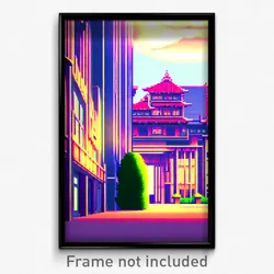 Pixel Art Poster - Distant Anime Architecture (8 Bit Video Game Print)