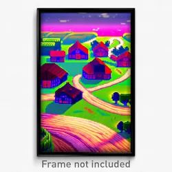 Pixel Art Poster - Squiggly Farmstead (8 Bit Psychedelic Video Game Print)