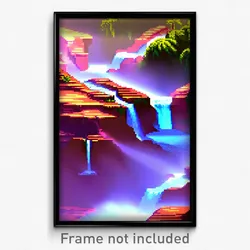 Pixel Art Poster - Flat Waterfall (8 Bit Psychedelic Trippy Video Game Print)