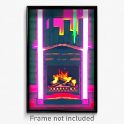 Pixel Art Poster - Glitchy Fireplace (8 Bit Psychedelic Trippy Video Game Print)