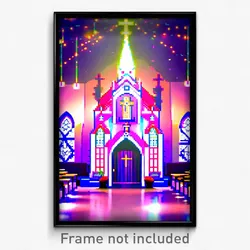 Pixel Art Poster - Whimsical Church (8 Bit Psychedelic Trippy Video Game Print)