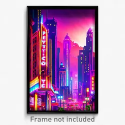 Pixel Art Poster - Vivid Exotic City (8 Bit Psychedelic Trippy Video Game Print)