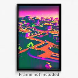 Pixel Art Poster - Glitchy Exotic Town (8 Bit Psychedelic Video Game Print)