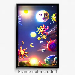 Pixel Art Poster - Cluttered Sun And Moon (8 Bit Psychedelic Video Game Print)