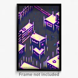 Pixel Art Poster - Wire Frame Glitchy Village (8 Bit Video Game Print)