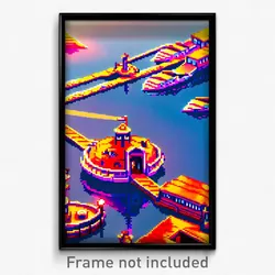 Pixel Art Poster - Flying Harbour (8 Bit Psychedelic Trippy Video Game Print)