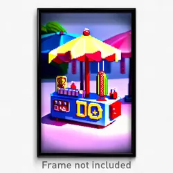 Pixel Art Poster - Cute Hot Dog Stand (8 Bit Psychedelic Video Game Print)
