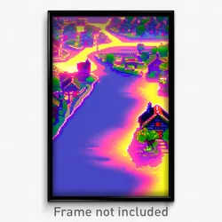 Pixel Art Poster - Glitchy Village (8 Bit Psychedelic Trippy Video Game Print)