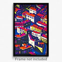 Pixel Art Poster - Puzzling European City (8 Bit Psychedelic Video Game Print)